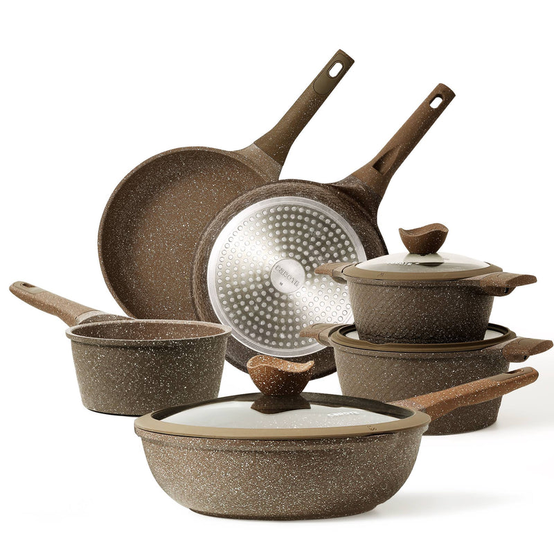 Carote Nonstick Granite Cookware Sets, 10 Pcs Brown Granite Pots and Pans Set, Induction Stone Kitchen Cooking Set, Size: 10PCS-Brown